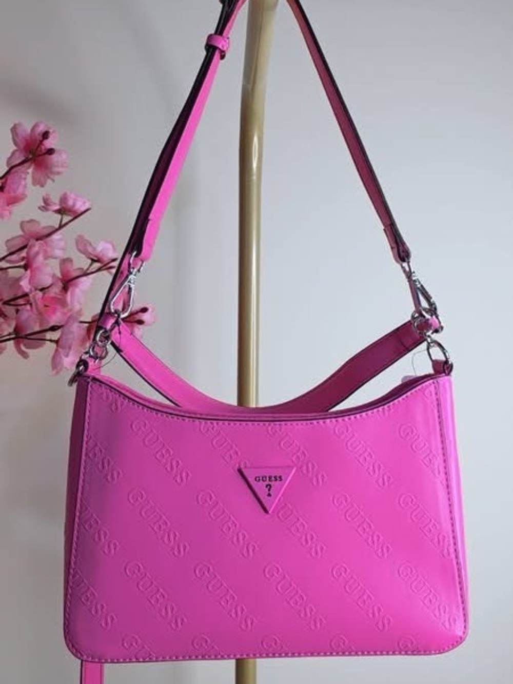 GUESS Pink Embossed Logo Shoulder Bag w/ Zip Closure, Detachable Strap